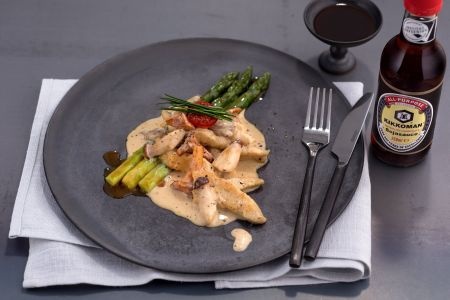 Putenstreifen und Pilze mit Sahne-Sojasauce